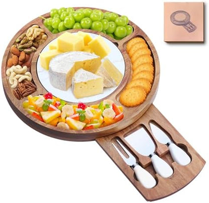 13.5" Round Acacia Wood Cheese & Charcuterie Board Set with Slate