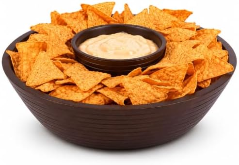 Melvvi Wooden Chip and Dip Bowl, Round Detachable Pedestal, 12" Brown