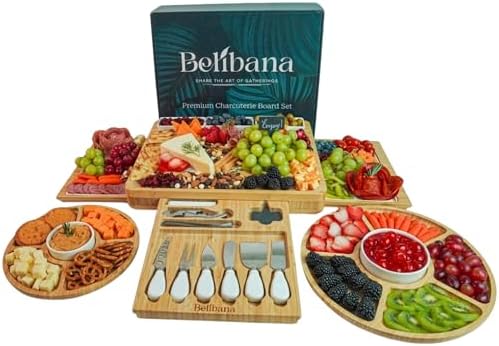 Charcuterie Board Set, Bamboo Cheese Serving Platter with 3 Ceramic
