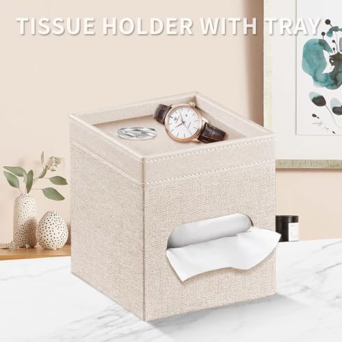 PU Leather Square Tissue Box Cover with Storage Tray,Modern Decorative