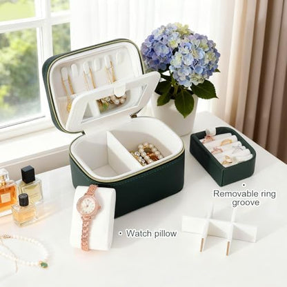 DesignSter Travel Jewelry Case,Small Jewelry Box with Mirror,Leather