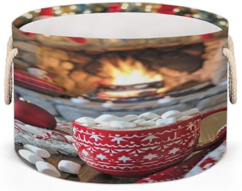 Christmas Red Mug Chocolate Large Round Storage Basket, Collapsible