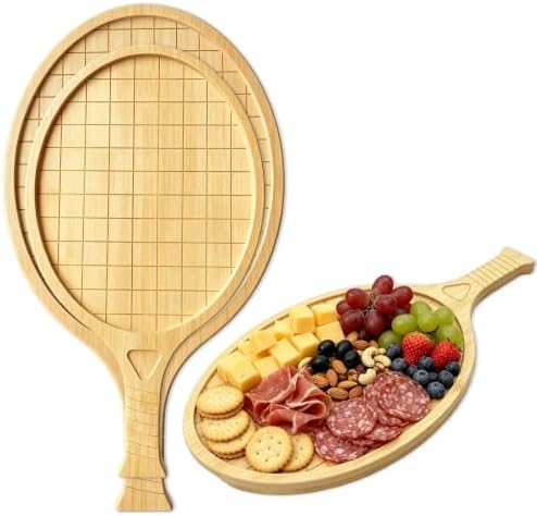 2 Pcs Tennis Racket Bamboo Serving Tray Set, 17" Wooden Tennis