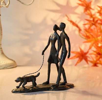 Couple and Dog Cast Iron Sculpture, Romantic Couple Love Metal Art