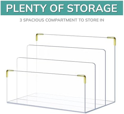 pbf Acrylic File Holder | Clear File Organizer for Desk w/ Gold