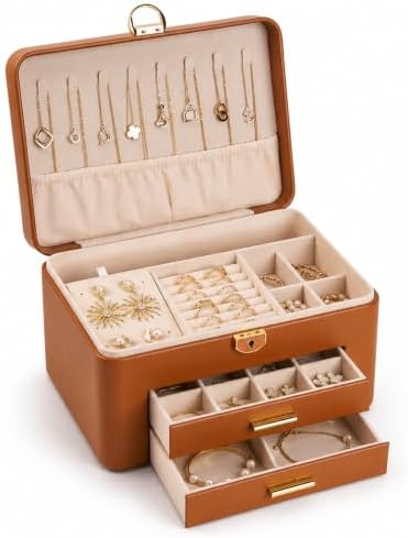 Large Jewelry Box for Women, 3-Layer Organizer with 2 Drawers