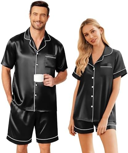 Ekouaer Couple Matching Pajamas Sets Silk Short Sleeve Button Up