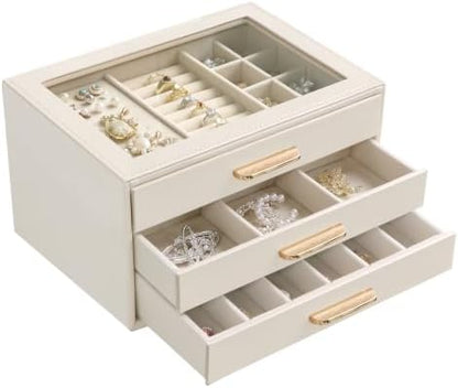 Homeanda Jewelry Boxes Organizer with Glass Lid, 3-Layer PU Leather