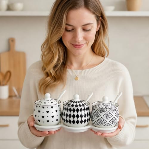 Salt and Sugar Container Set,3 Piece Black Ceramic Spice Canisters for