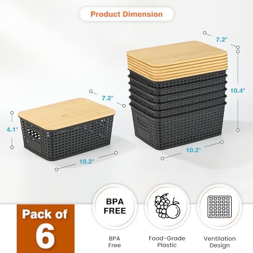Ohmlove 6 Pack Plastic Storage Baskets with Bamboo Lids for