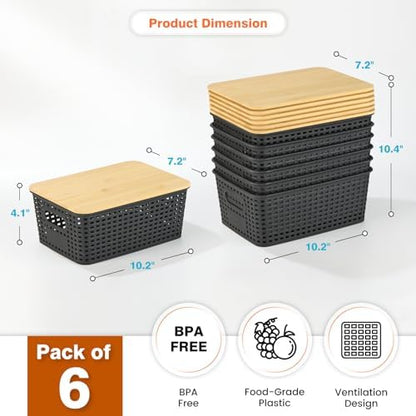 Ohmlove 6 Pack Plastic Storage Baskets with Bamboo Lids for