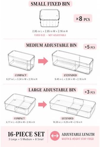 Adjustable Clear Drawer Storage Organizer, 16 Pack 3 Sizes Expandable