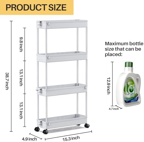 SPACEKEEPER Slim Rolling Storage Cart, 4 Tier Bathroom Cart Organizer