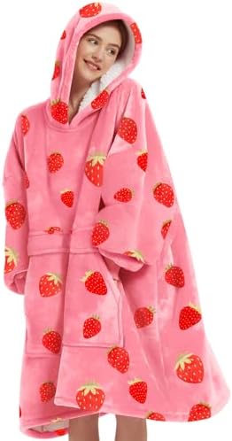 KFUBUO Wearable Blanket Hoodie for Adults With Pocket Strawberry