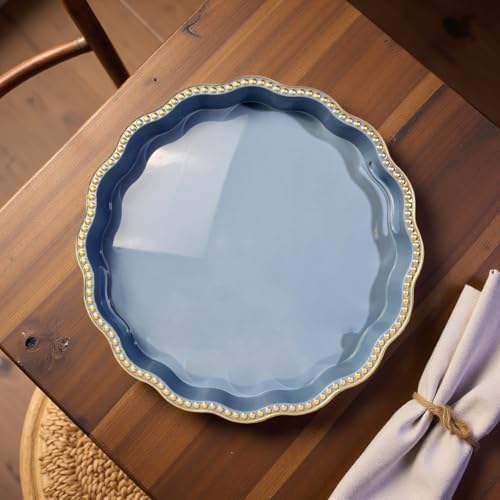 Blue Decorative Tray for Coffee Table, Wavy Scallop Beaded Plastic