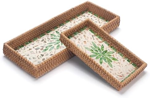 2 Pack Rattan Bathroom Vanity Tray with Mother of Pearl Inlay, Toilet