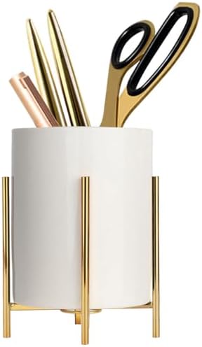 Gold pencil cup Sturdy metal frame with white ceramic pen holder For