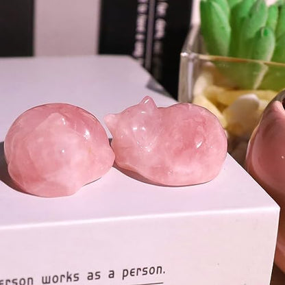QINJIEJIE Rose Quartz Cat Decor Pink Gift Crystals Cat Stone Figurine