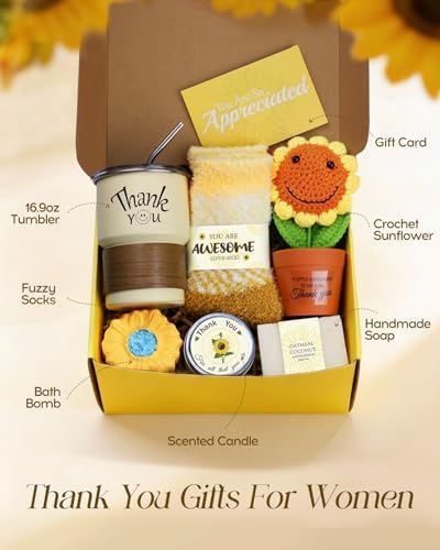 7pcs Thank You Gift Basket for Women, Crochet Sunflower