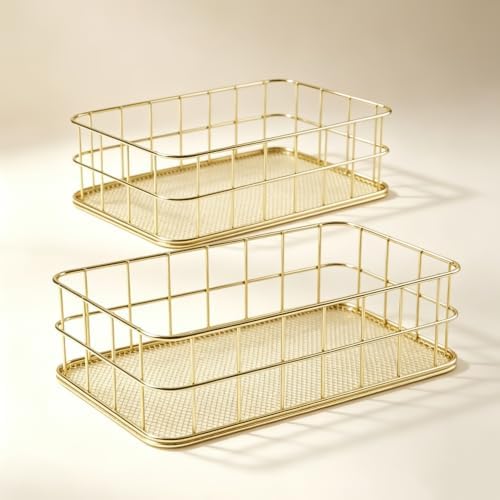 2-Size Gold Metal Wire Basket Tray, Countertop & Desk Organizer for