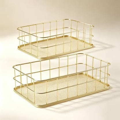 2-Size Gold Metal Wire Basket Tray, Countertop & Desk Organizer for