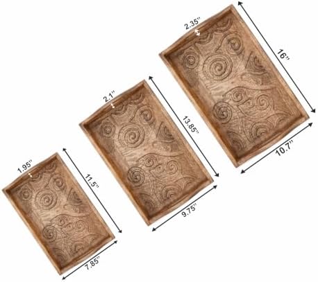 Ajuny Wooden Serving Trays Set of 3 with Handles, Tree of Life Carved