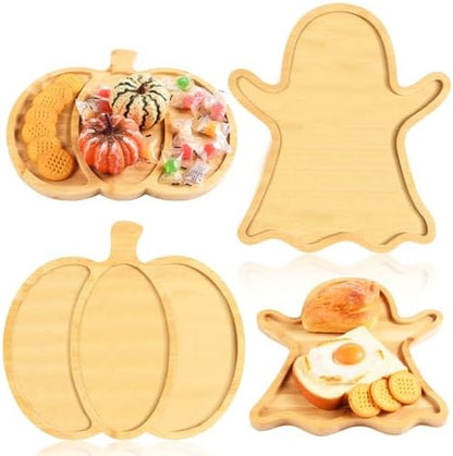AWIZOM 2 Pcs Halloween Wood Serving Platters Ghost and Sectional