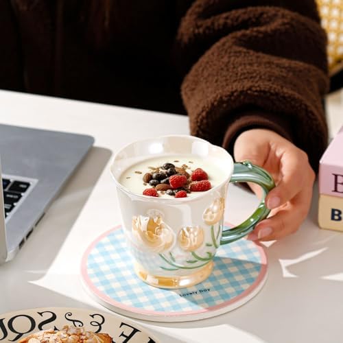 14oz 3D Embossed Floral Ceramic Coffee Mug with Matching Spoon & Gift
