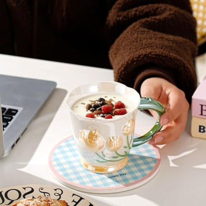 14oz 3D Embossed Floral Ceramic Coffee Mug with Matching Spoon & Gift