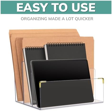 pbf Acrylic File Holder | Clear File Organizer for Desk w/ Gold