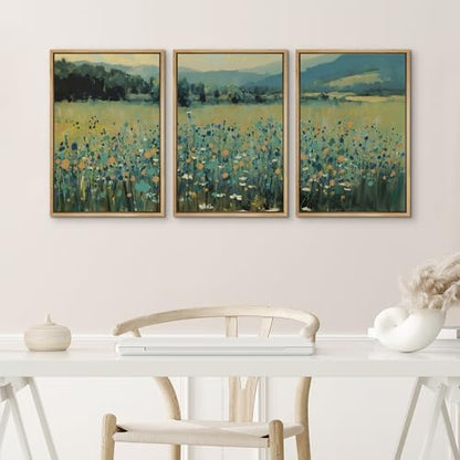 IDEA4WALL Framed Canvas Print Wall Art Set Blooming Wildflower Meadow