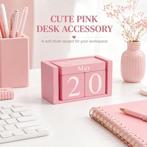 MICKYU Pink Wooden Perpetual Block Calendar