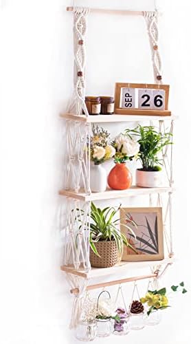 TENEWEE Boho Macrame Hanging Wall Shelf for Plant & Books Display