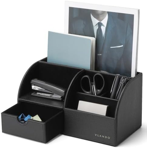 VLANDO Desk Organizer, 6-Compartment Faux Leather Desk Storage with