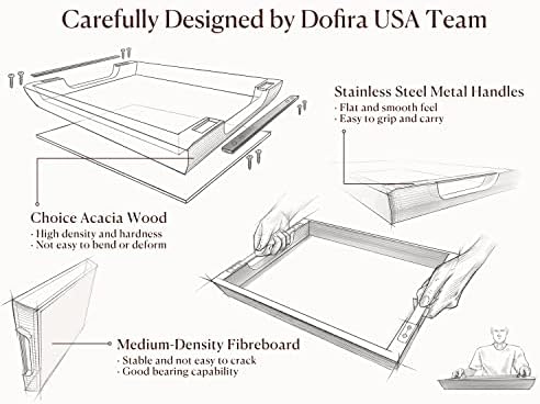 Acacia Wood Serving Tray with Metal Handle, 17x13in Tray for Ottoman