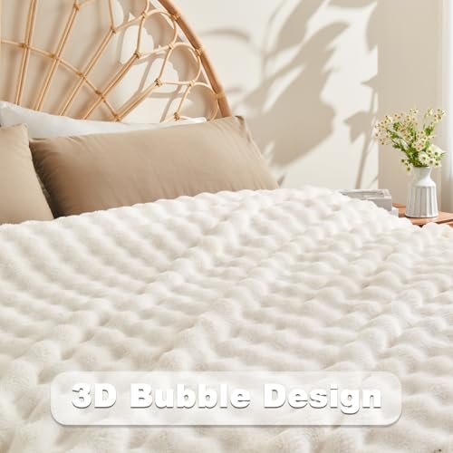NEWCOSPLAY 3D Bubble Flannel Throw Blanket for Couch Ivory, 50"×60"