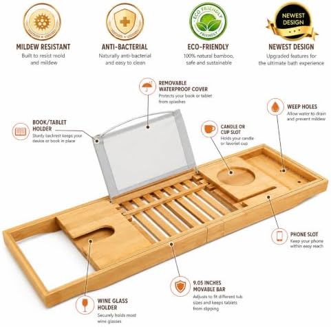 Bamboo Bathtub Caddy Tray with Book/Tablet & Wine Glass Holder