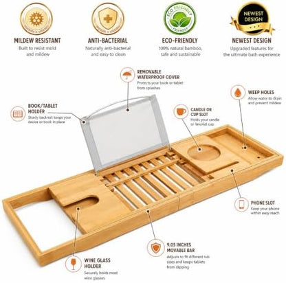 Bamboo Bathtub Caddy Tray with Book/Tablet & Wine Glass Holder