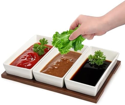 Elsjoy 3-Section Serving Tray, Wood Divided Serving Dish with Ceramic