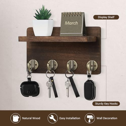 Nekon Key Holder Wall Mount, 8.5 Inch Wall Shelf, Brown