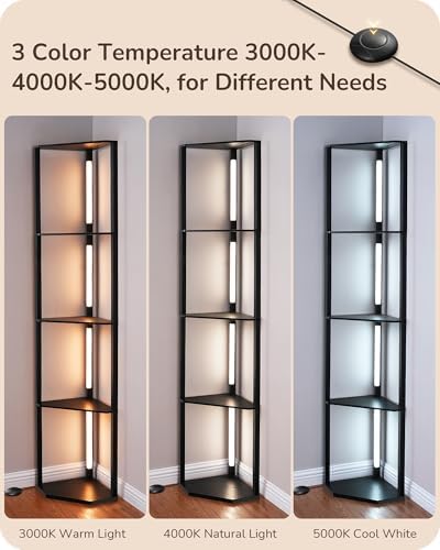 EDISHINE 64'' Corner Display Shelf Floor Lamp, 3CCT, Floor Lamp, Black