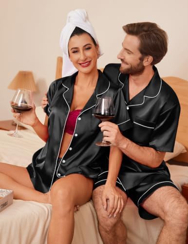 Ekouaer Couple Matching Pajamas Sets Silk Short Sleeve Button Up