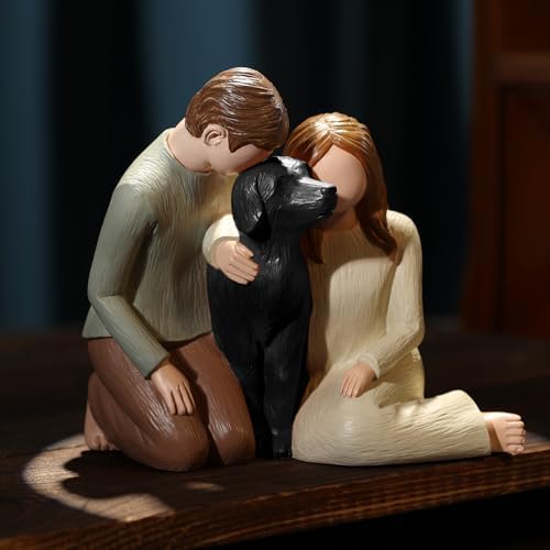 Hensonever Couple with Black Dog Figurines Ornaments, We are A Family