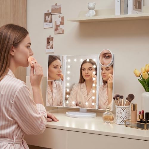 HUONUL 2X/3X/10X Magnifying Vanity Mirror with Light, Trifold Makeup