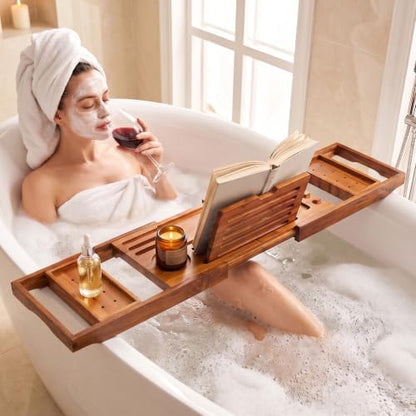 Teak Bathtub Tray, Expandable Bath Caddy 28.5-40", Stained