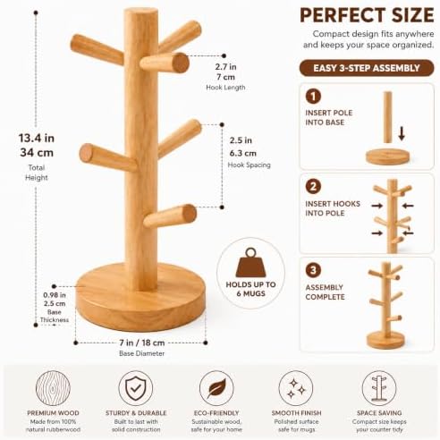 Wooden Mug Tree Stand for Countertop, Coffee Mug Holder Rack with 6