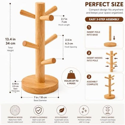 Wooden Mug Tree Stand for Countertop, Coffee Mug Holder Rack with 6