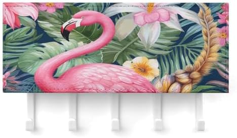 Flamingo Floral Pattern Key Holder Wall Mount PU Leather Adhesive Key