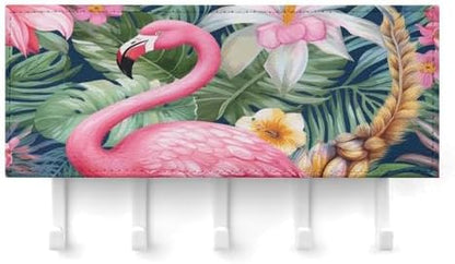 Flamingo Floral Pattern Key Holder Wall Mount PU Leather Adhesive Key