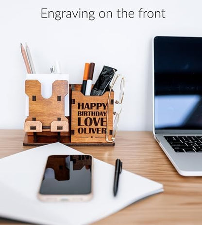Personalized Wooden Pen Holder for Desk with Cell Phone Holder Wood